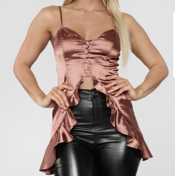 Fashion nova-High Low Bronze Satin Ruffle … - Picture 3 of 4